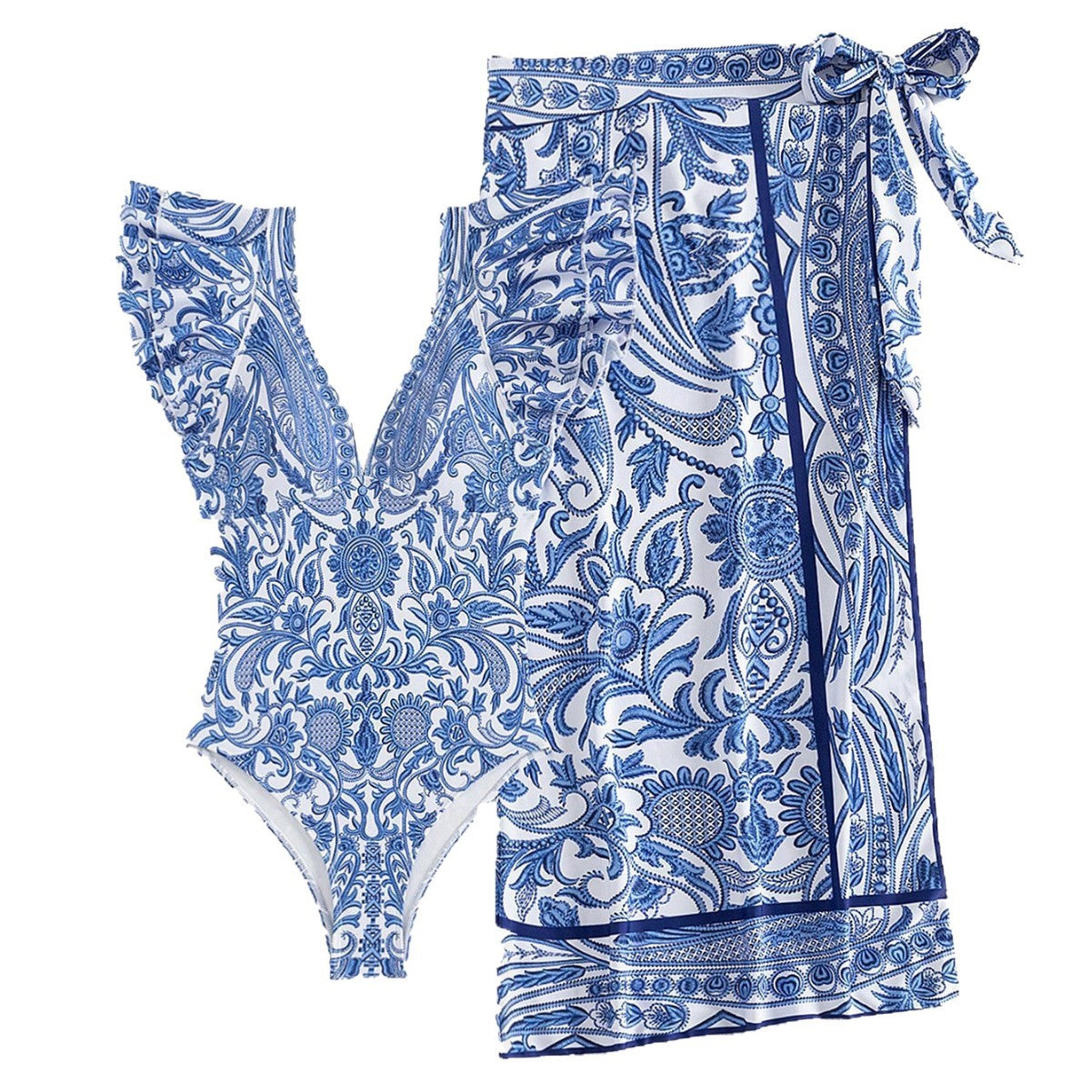 Print Ruffle Sleeve Deep V Bikini with SkirtSwimwear Set