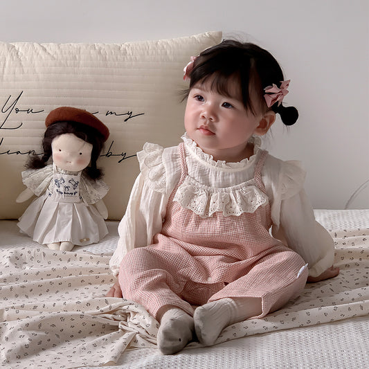 Cute Princess Style Baby Girl Autumn Outfit Set Fashionable Infant Clothes, Sweet Two-Piece Suit with Bodysuit and Top