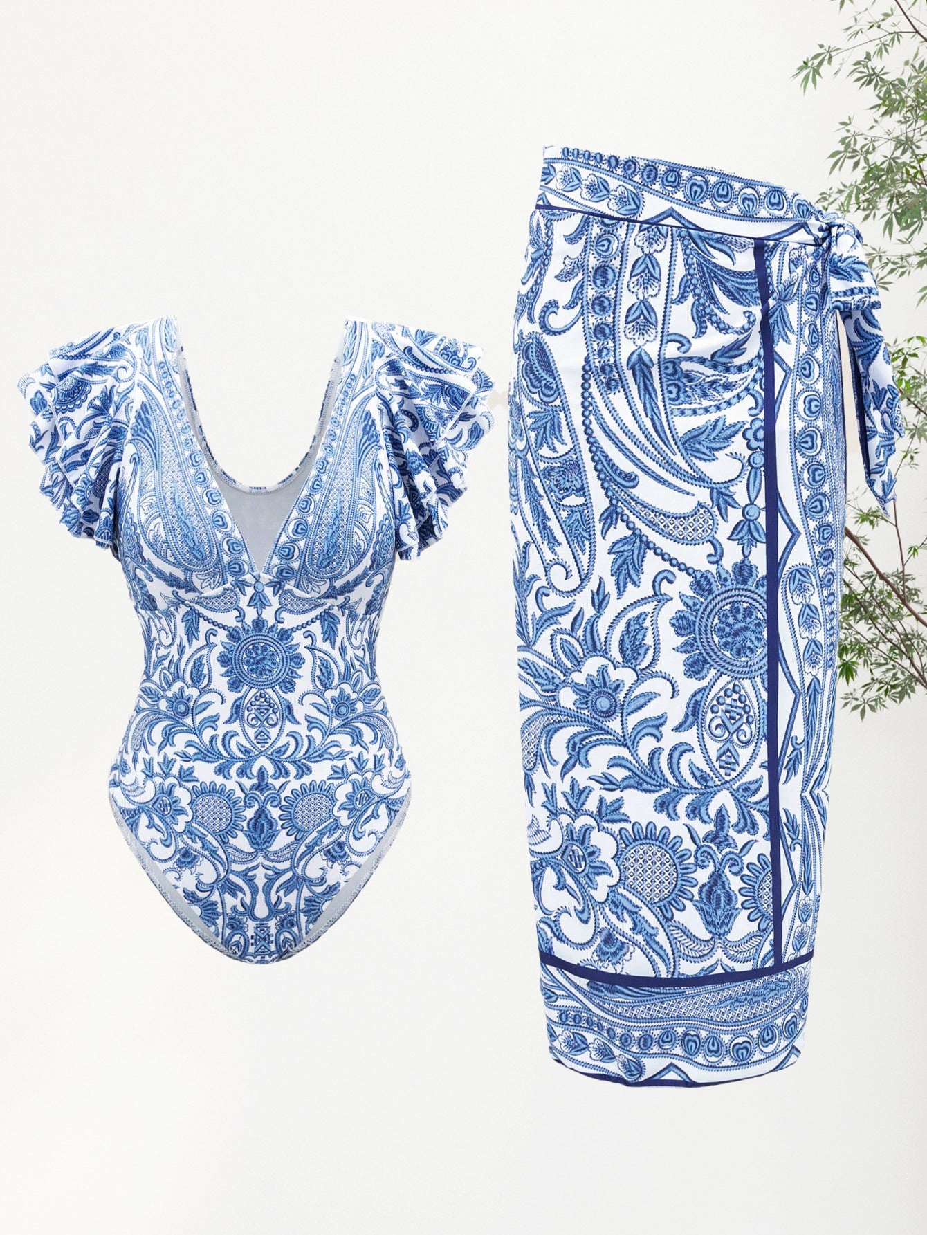 Print  Ruffle Sleeve Deep V Bikini with SkirtSwimwear Set