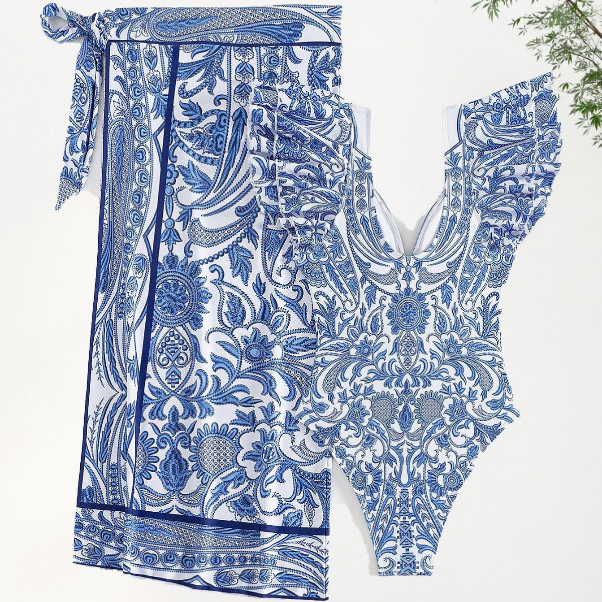 Print  Ruffle Sleeve Deep V Bikini with SkirtSwimwear Set