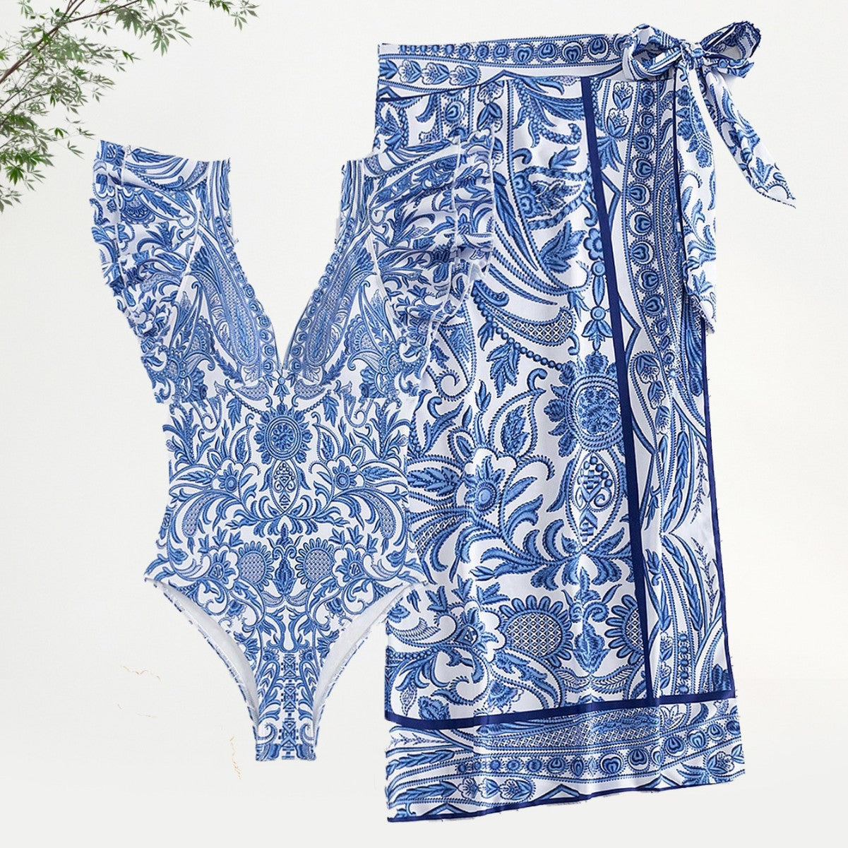 Print  Ruffle Sleeve Deep V Bikini with SkirtSwimwear Set