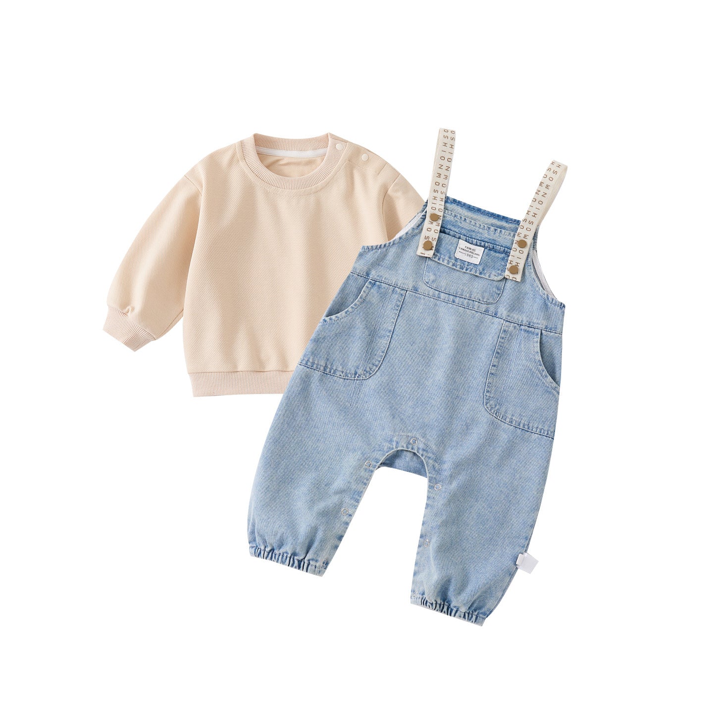 Cute Spring New Baby Denim Overalls Set with Stylish Casual Hoodie and One-Piece Pants Two-Piece Set