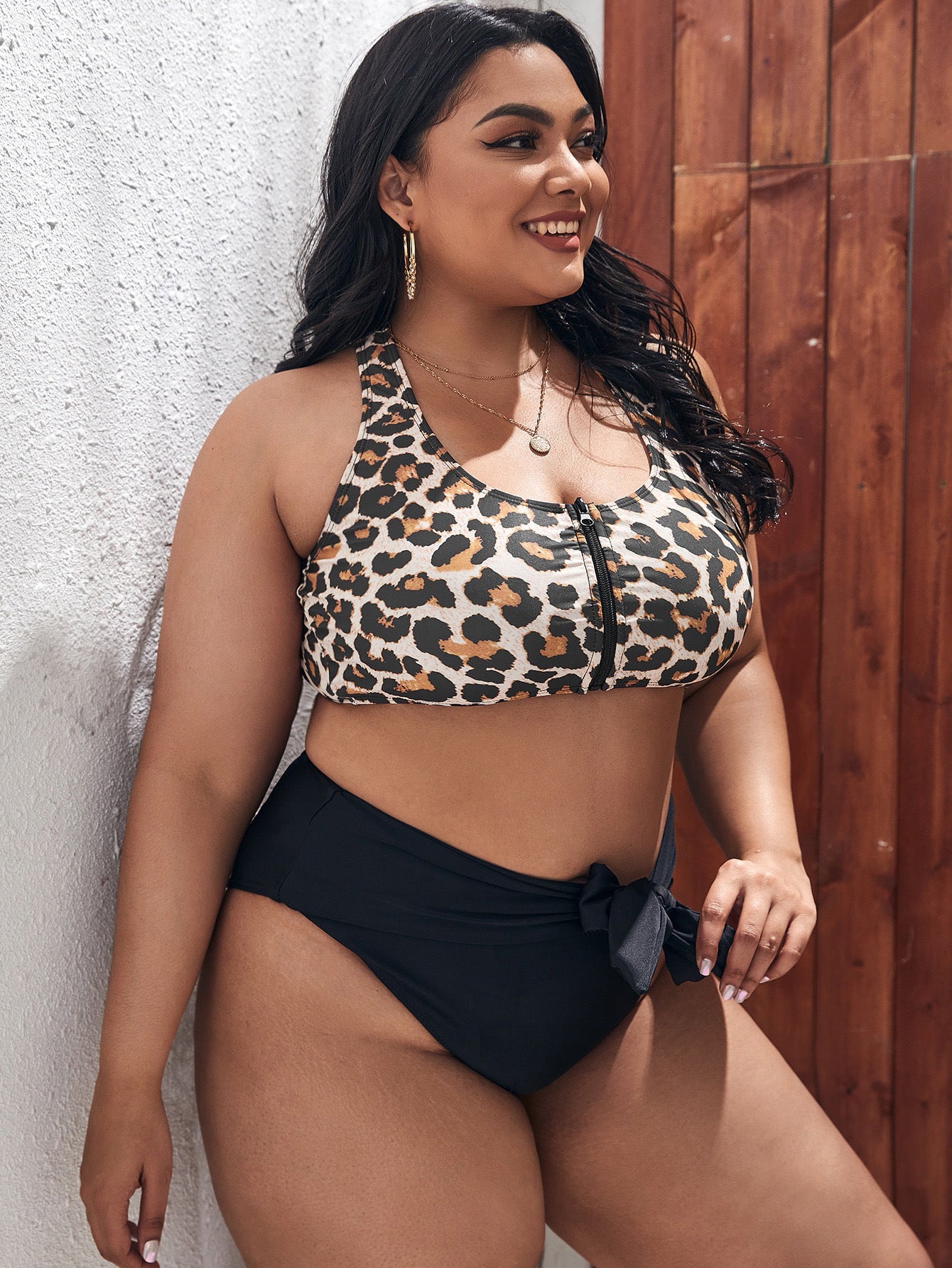 Style Leopard Print Zippered Swimwear Top