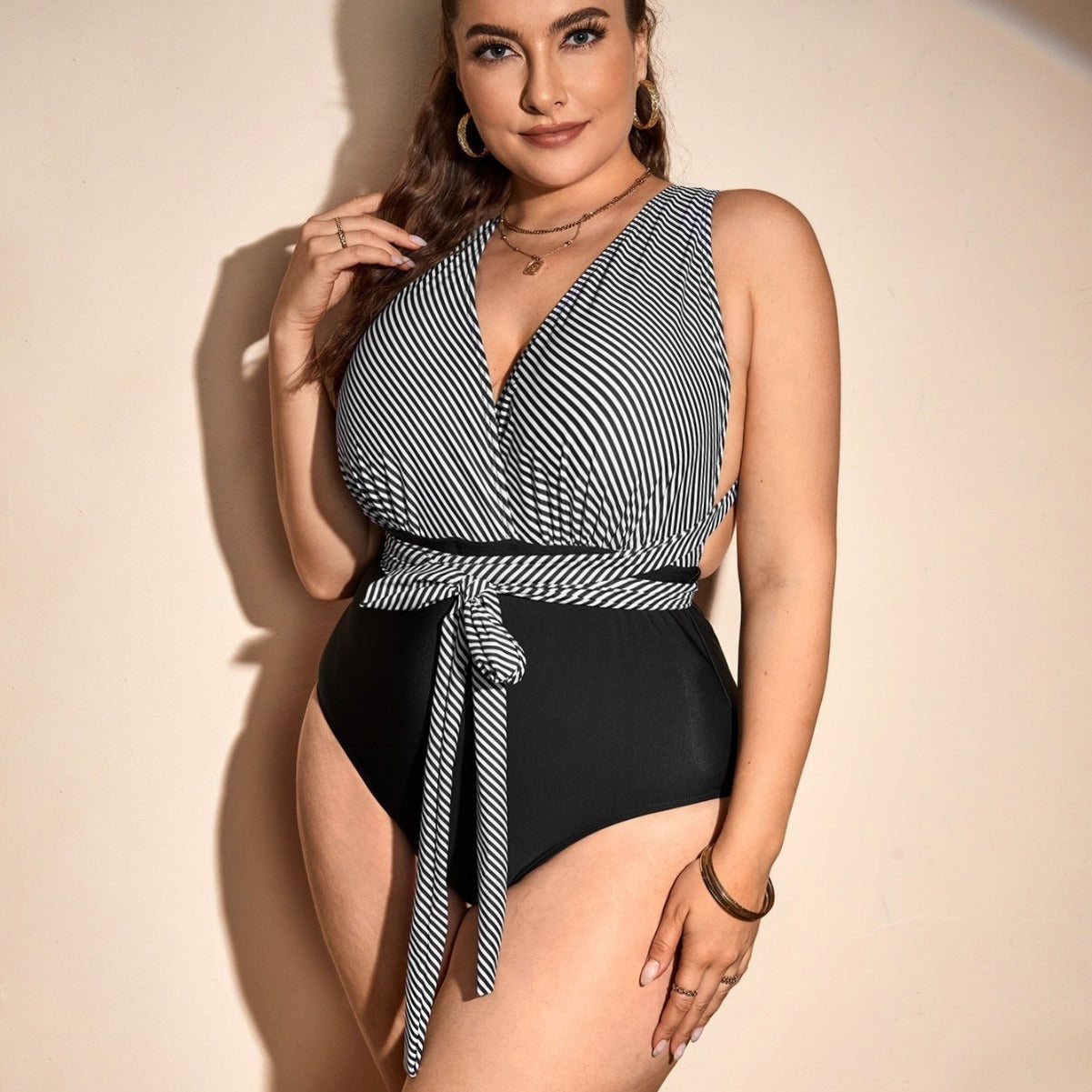 One-Piece Swimsuit Large Size Striped Tie Design Slim Fit Sexy