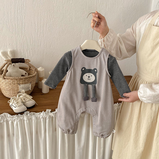 Spring New Baby Knit Romper Set for Boys, 3D Cartoon Romper with Inner Layer Two-Piece Set