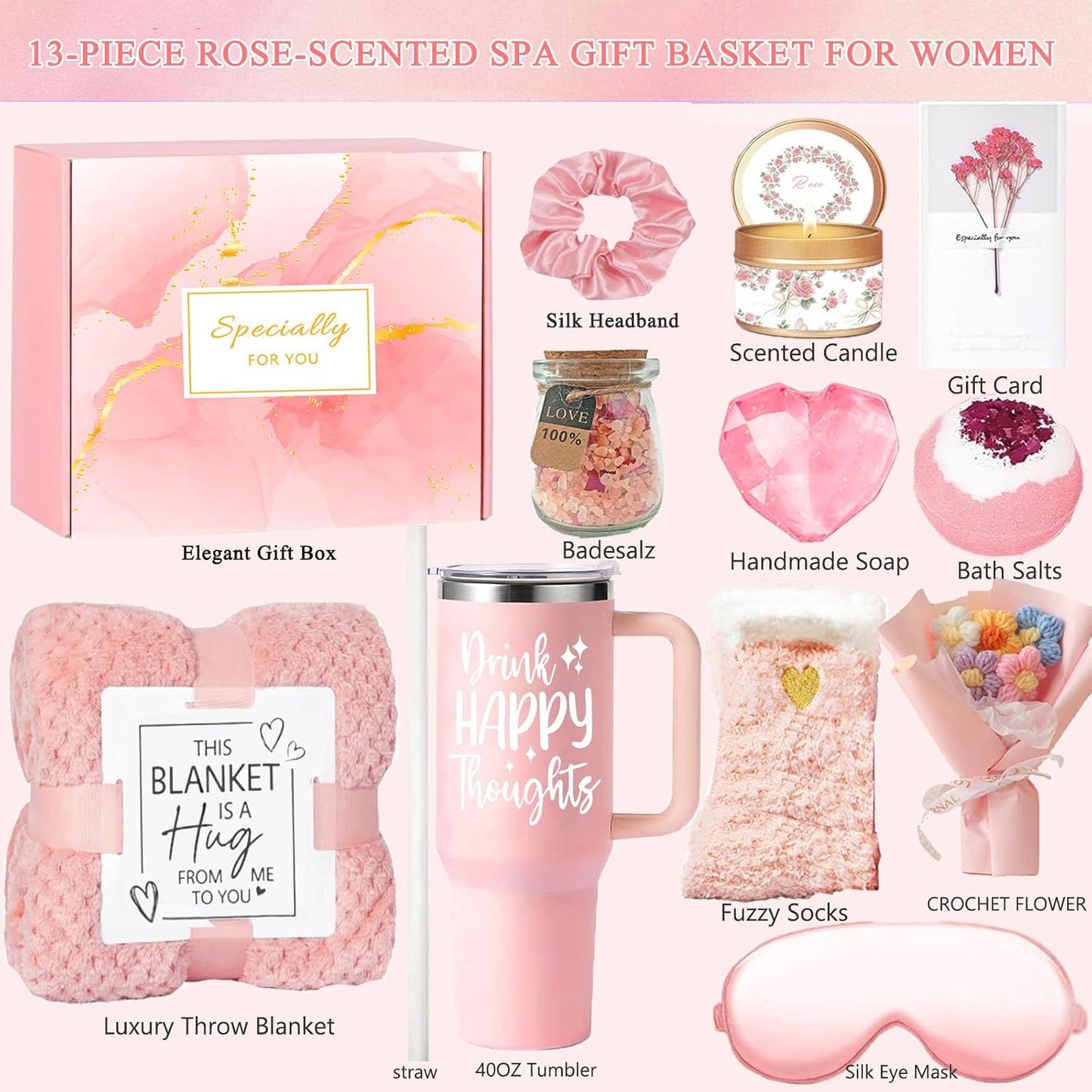 Birthday Gifts for Women Self Care Get Well Soon Gift Baskets,Women ROSE Spa Care Package Thinking of You Presents,Sympathy Gifts for Mum HerFriend Sister Wife