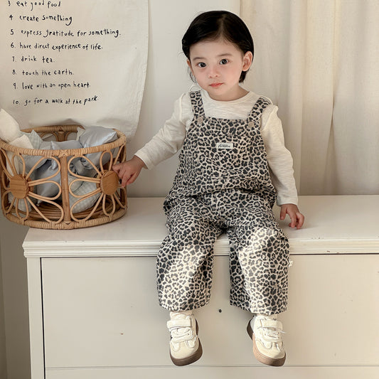 Spring New Baby Leopard Print Overalls Set, Boy's Bodysuit with Inner Shirt  Two-Piece Set