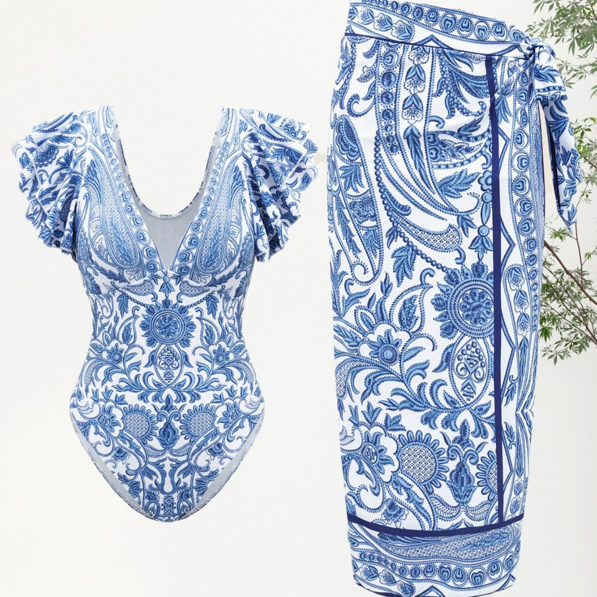 Print  Ruffle Sleeve Deep V Bikini with SkirtSwimwear Set