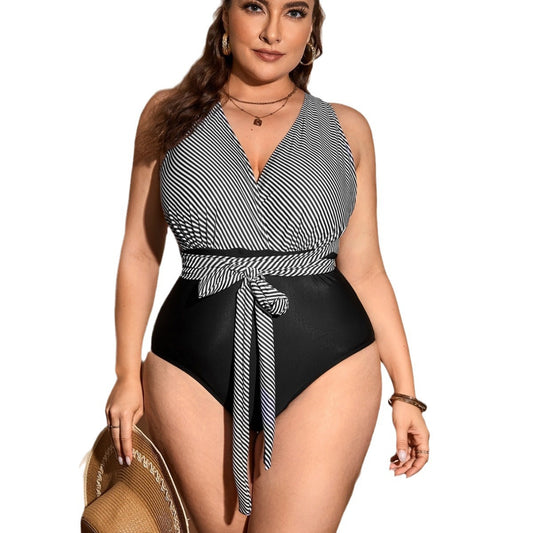 One-Piece Swimsuit Large Size Striped Tie Design Slim Fit Sexy
