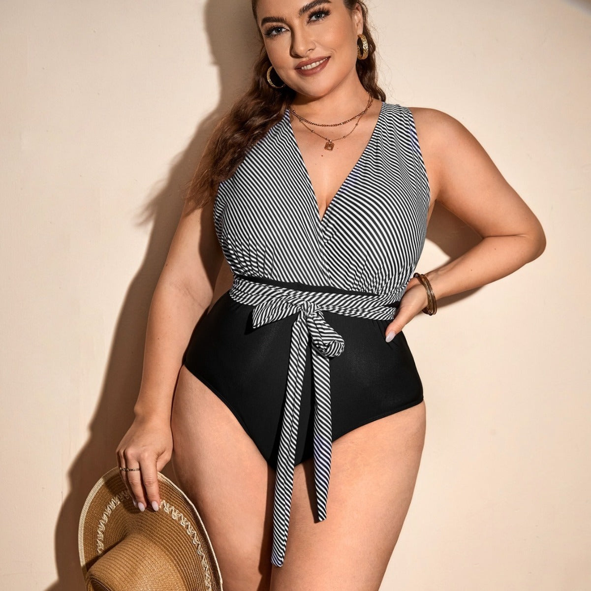 One-Piece Swimsuit Large Size Striped Tie Design Slim Fit Sexy