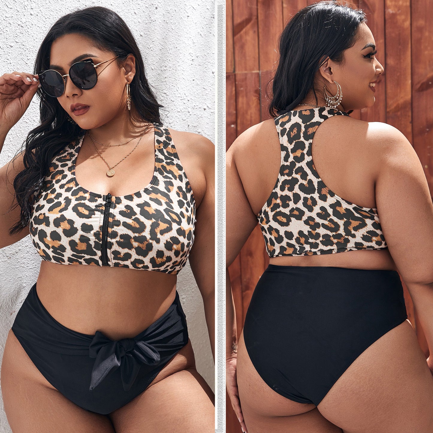 Style Leopard Print Zippered Swimwear Top