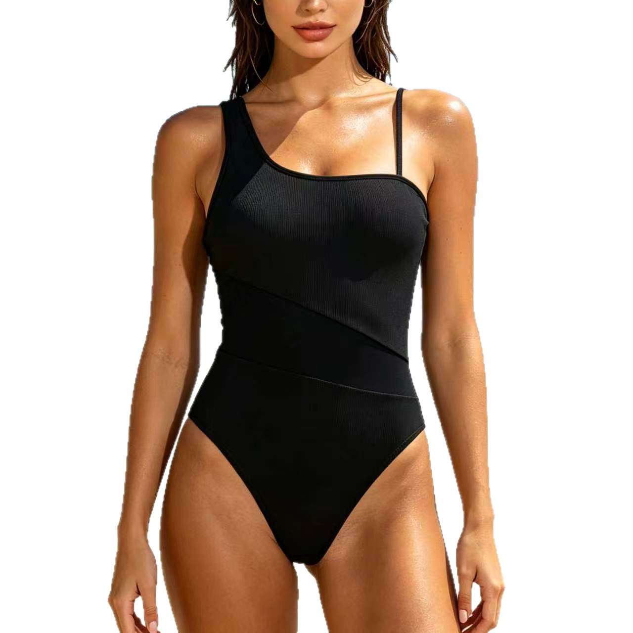 Bikini One-Piece Solid Color Swimwear for Women, Sexy Beach Vacation Swim Suit