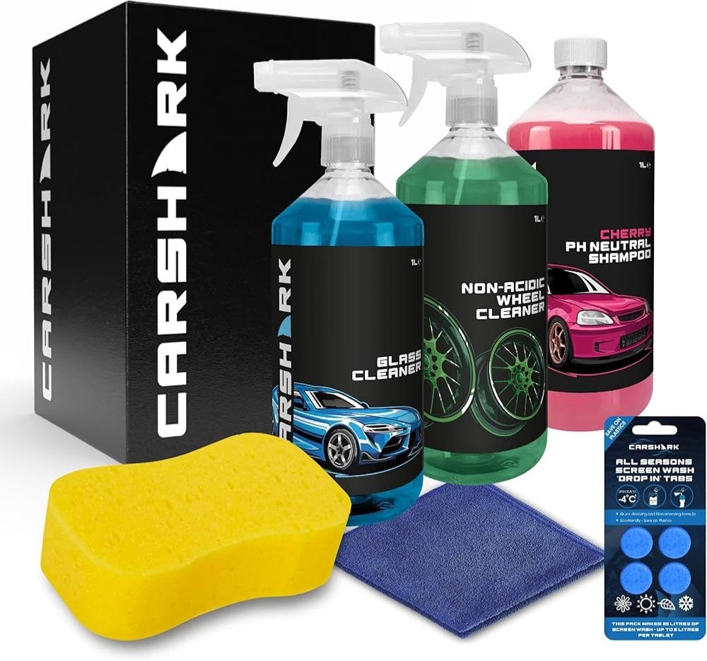 Car Cleaning Kit, Gift Set with Cherry Shampoo 1L, Wheel Cleaner 1L, Glass Clean