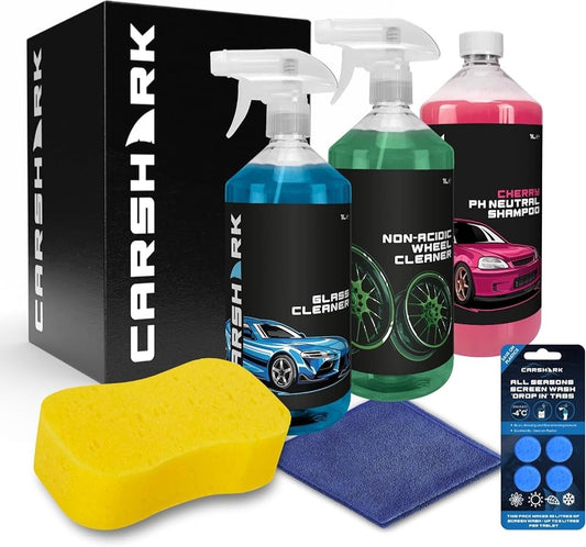 Car Cleaning Kit, Gift Set with Cherry Shampoo 1L, Wheel Cleaner 1L, Glass Clean